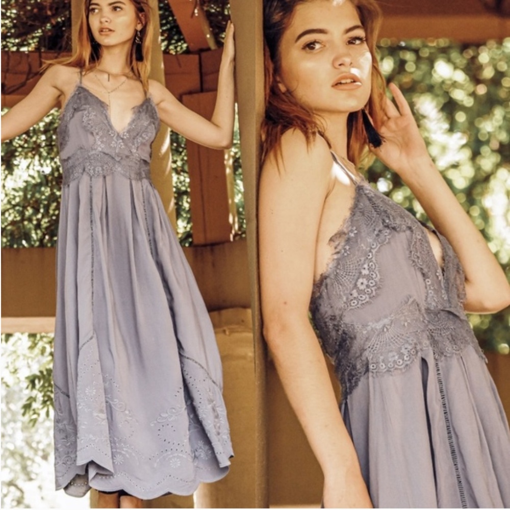 Beautiful Lavender Lace & Eyelet Halter Midi Dress